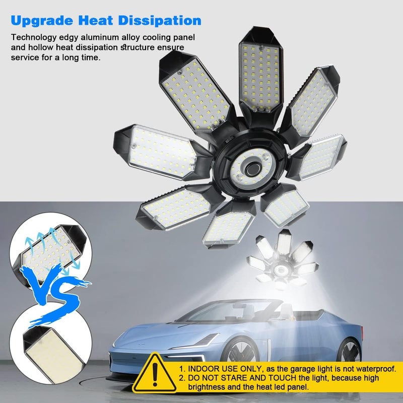 POLARPRA Led Garage Light - 20000LM Super Bright 6500K Garage Lights Ceiling Led w/ 8 Adjustable Panels Garage Shop Light Compatible for E26/E27 Socket Applicable for Workshop Barn Warehouse Attic - Image 4